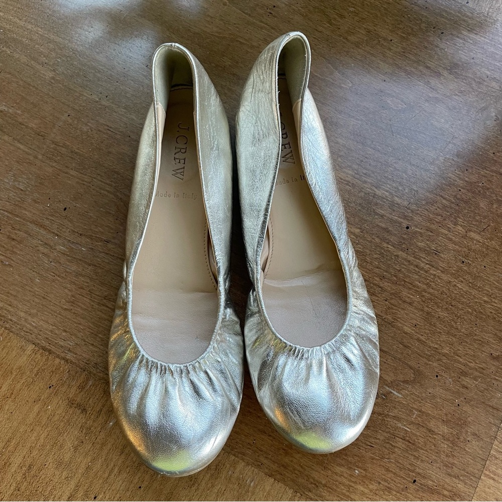 J. Crew Gold Metallic Round Toe Leather Ballet Flats
